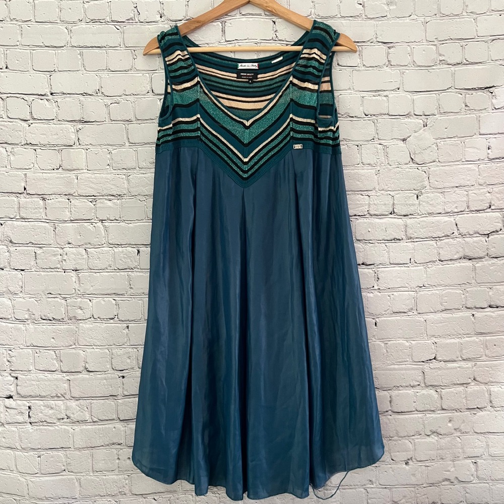 Miss Sixty Collection Size Large Teal Metallic Knit A-Line Dress Made in Italy